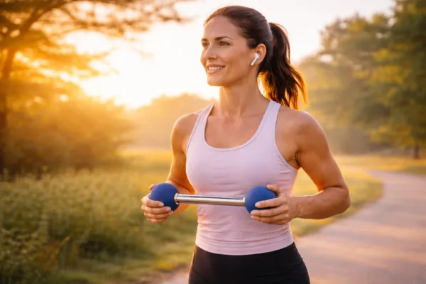 Person walking at sunrise or early morning light with Abdomen Balls™