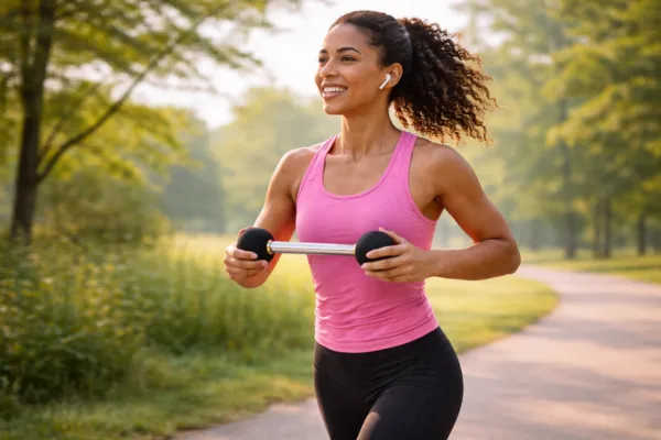 Person walking energetically outdoors with Abdomen Balls™ showing active movement