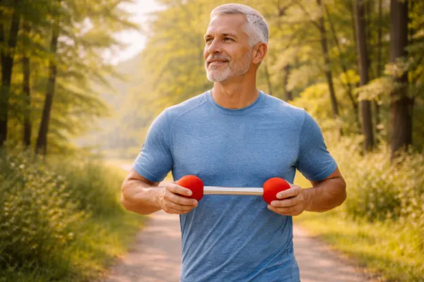 Person with peaceful, content expression walking in nature with Abdomen Balls™