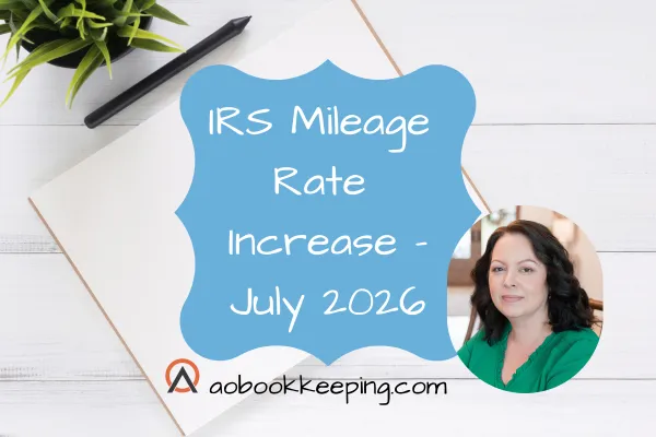 light colored graphic with words IRS mileage rate increase for 2026 effective July 1