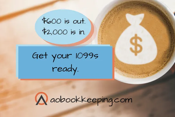 Latte with money bag foam art and text: "$600 is out. $2,000 is in. Get your 1099s ready."