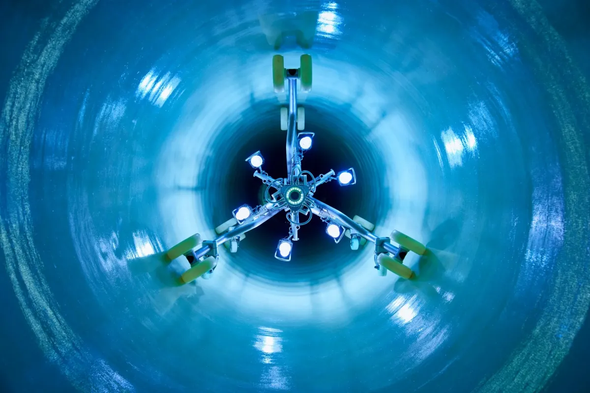 Picture of a sewer inspection camera inspecting a freshly lined pipe