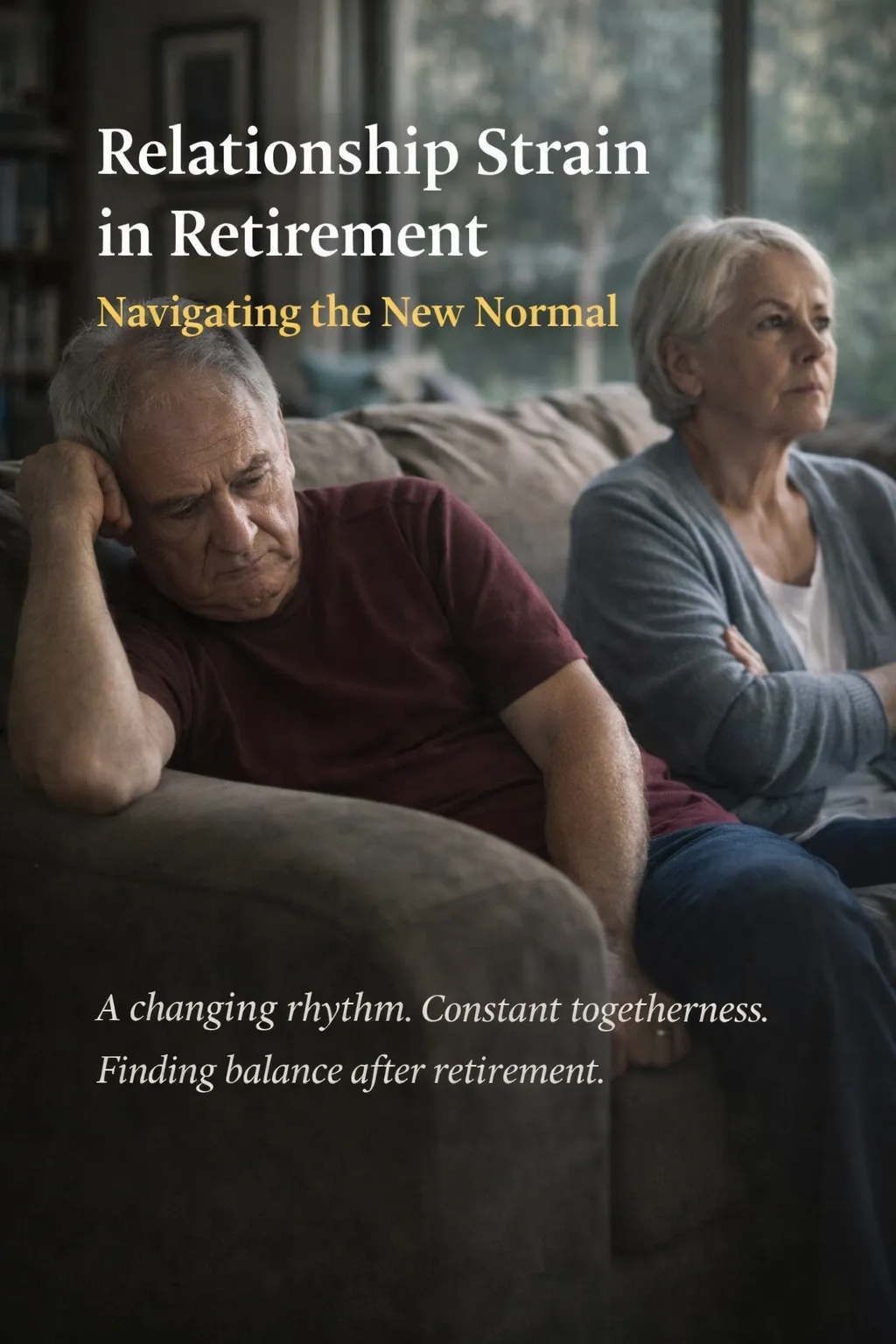Older retired couple sitting apart on a couch in a quiet living room, looking tense and reflective, symbolizing relationship strain and changing routines after retirement.