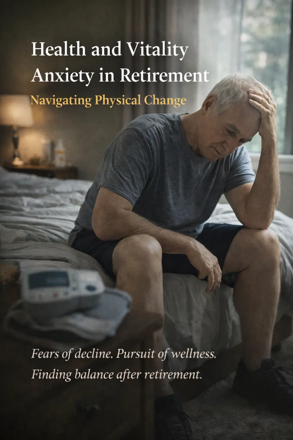 Older retired man sitting on the edge of a bed looking concerned, with a blood pressure monitor nearby, symbolizing health and vitality anxiety during retirement