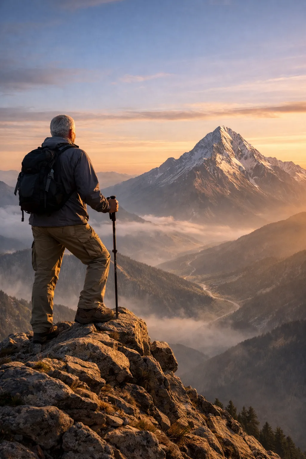 Older man standing on a mountain summit at sunrise looking toward a distant peak, symbolizing purpose and the second mountain in retirement.