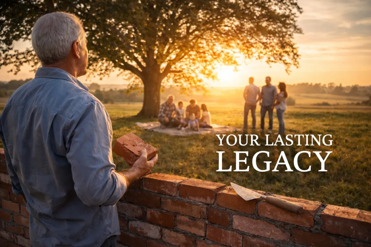 Older man holding a brick beside a partially built wall, looking toward a family gathered under a tree at sunset, symbolizing legacy, purpose, and impact in retirement.