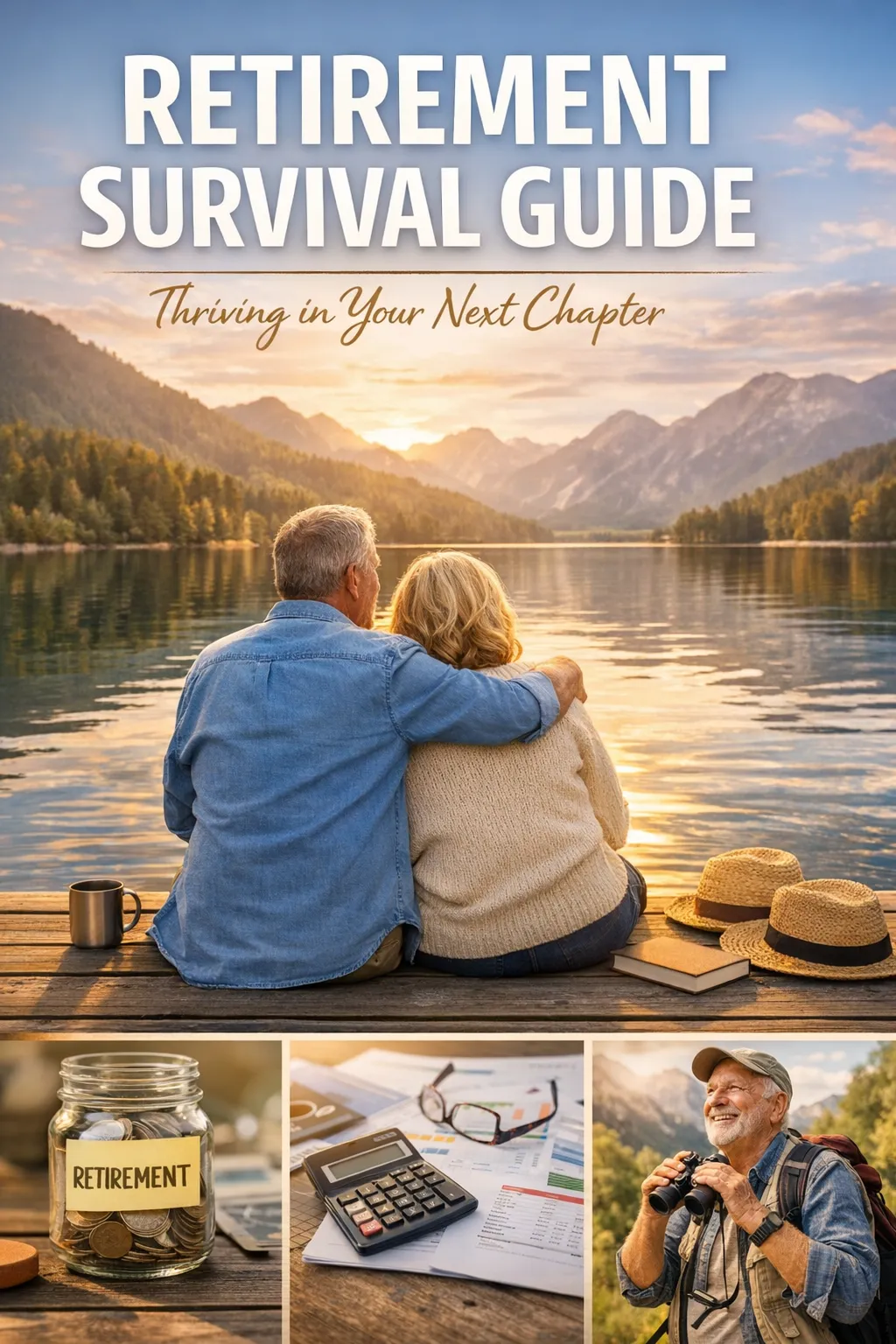 A warm, scenic cover image for a retirement guide shows an older couple sitting together on a wooden dock, looking out over a calm lake surrounded by mountains at sunset. Large text at the top reads “Retirement Survival Guide” with the subtitle “Thriving in Your Next Chapter.” Along the bottom are three smaller photos: a jar labeled “Retirement” filled with coins, a calculator resting on financial papers, and a smiling older man outdoors with binoculars, suggesting financial planning, freedom, and adventure in retirement.