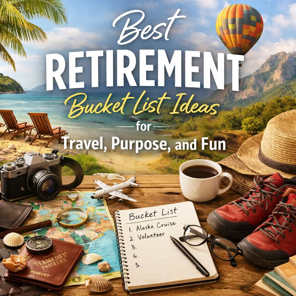 A bright retirement-themed travel image showing a beach and mountain landscape with a hot air balloon in the sky. In the foreground are travel and hobby items on a wooden table, including a camera, passport, map, coffee cup, hiking boots, glasses, and a notebook labeled “Bucket List,” creating a sense of adventure, purpose, and fun for retirement.