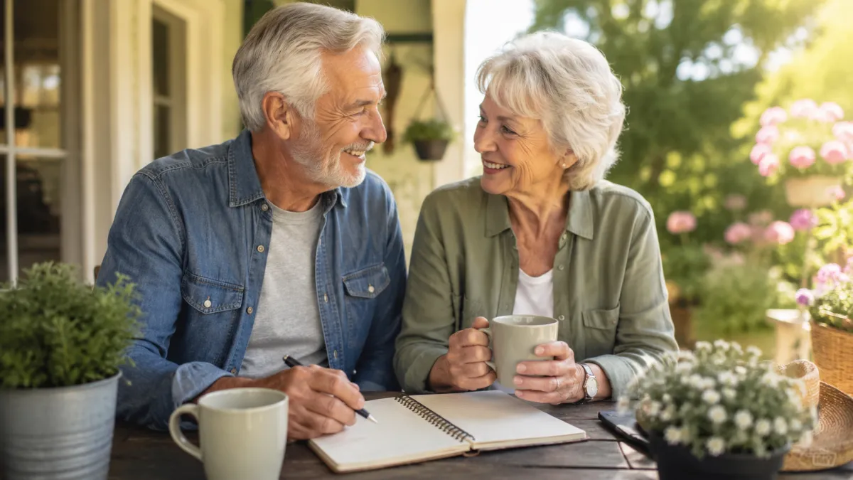 Happy retirees in a cozy moment on back porch