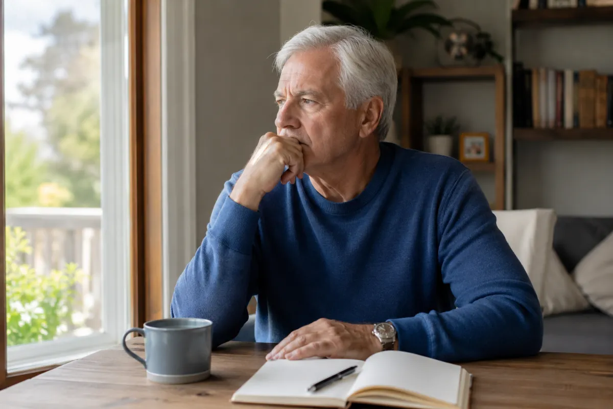 Decision fatigue - retired man staring out a window.