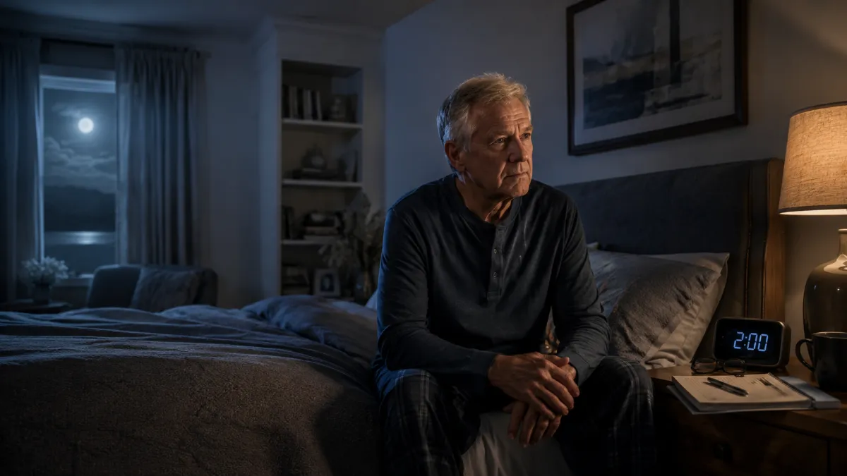 A retired man sitting awake on the edge of his bed at 2 a.m., reflecting on the emotional transition into retirement.