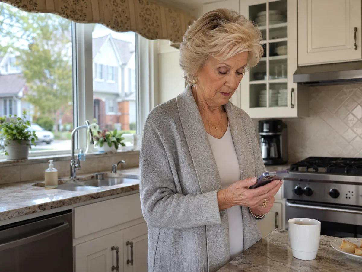 A woman in her early 70s stands at a kitchen counter, looking at her phone with a slight frown — not frustrated, but quietly aware that it hasn't rung in a while. 