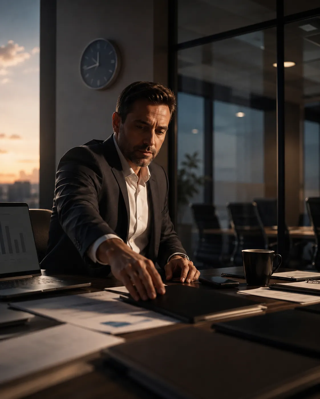 Business leader in a dimly lit office reaching toward a folder on his desk, symbolizing the courage to make a difficult decision.