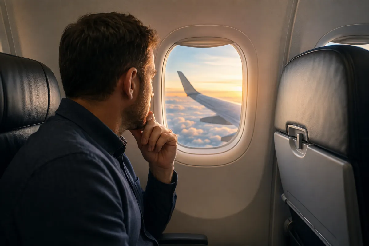 A man sitting by an airplane window looking out over the clouds at sunrise, representing leadership vision, clarity, and direction.