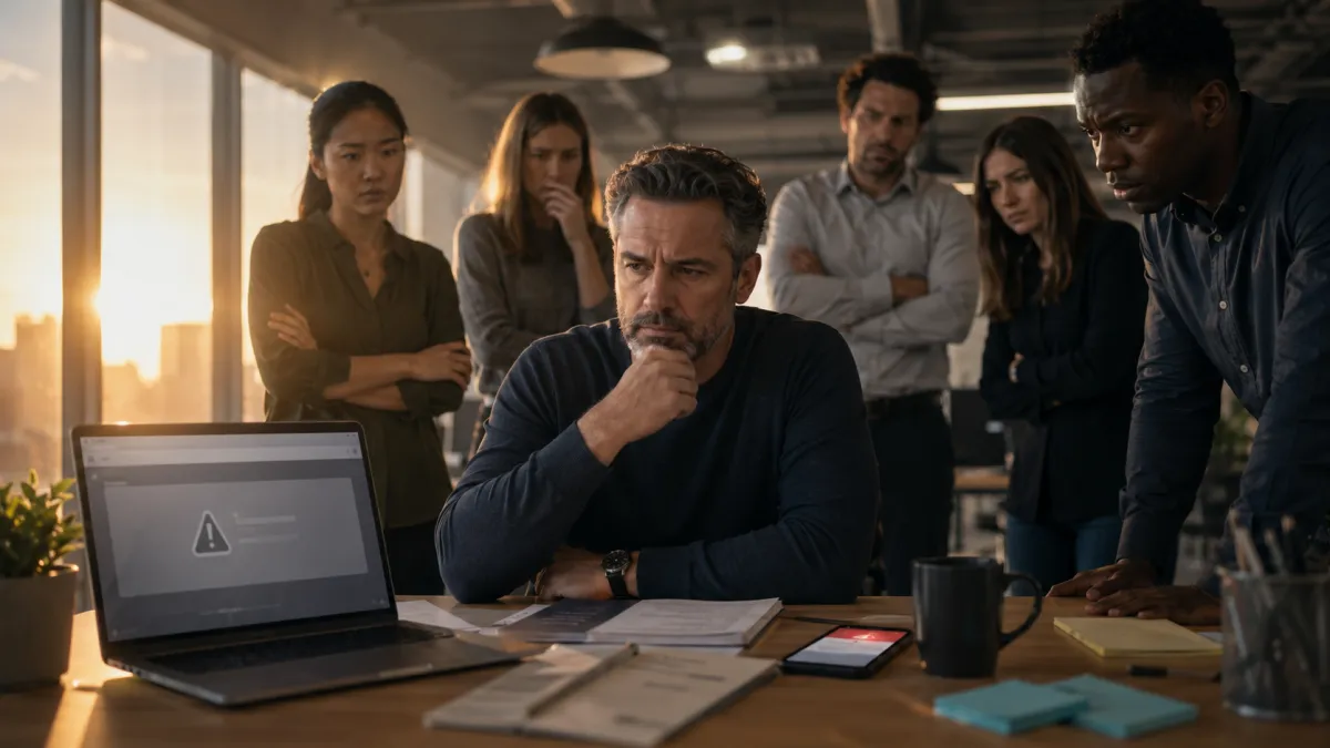 A focused business leader sits at a desk while concerned team members wait for direction during a workplace problem-solving moment.