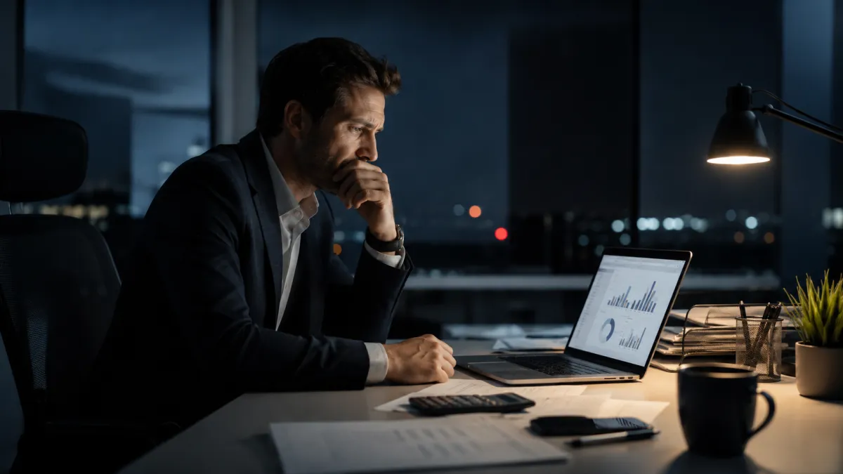 Integrity doing its quiet work - man staring at financial charts on a laptop.