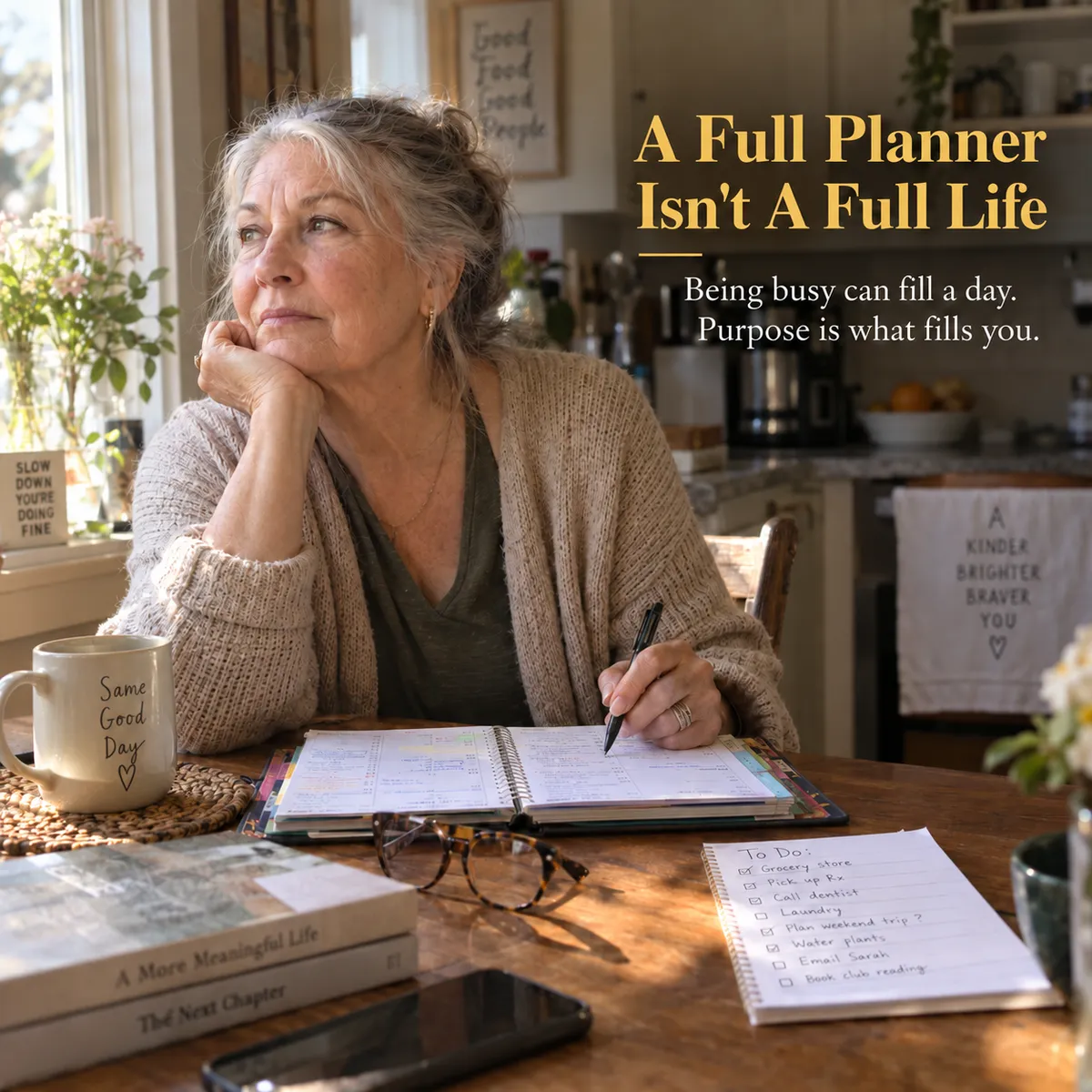 A woman in her early seventies sits at a kitchen table mid-morning, a full paper planner open in front of her, pen in hand, but she's paused mid-task, looking out the window with a faint, unresolved expression, neither sad nor content. 