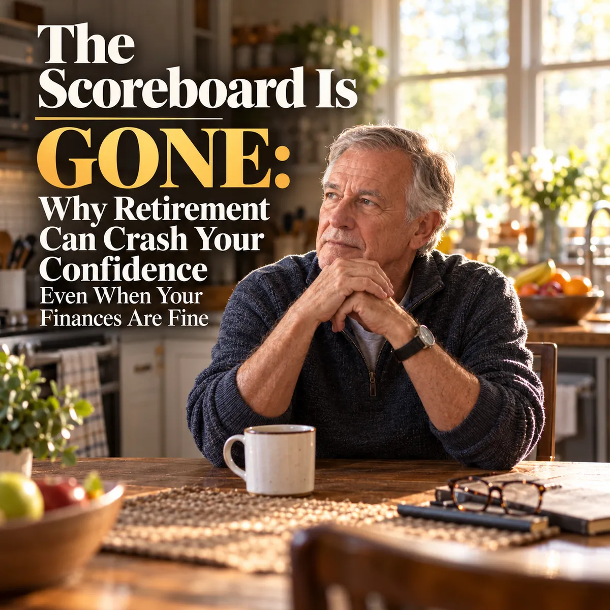 The scoreboard is gone: A man in his late sixties sits alone at a kitchen table mid-morning, sunlight streaming in through a window behind him, a cup of coffee cooling in front of him, untouched. He's not looking at his phone or a laptop — his hands are folded, his gaze drifted somewhere past the camera, an expression of quiet, unresolved reflection rather than sadness. 