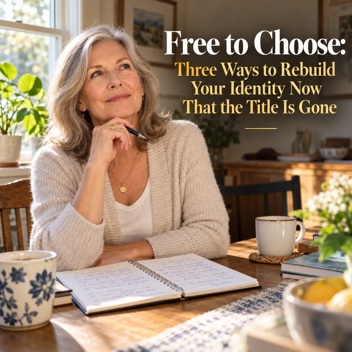 A woman in her mid-sixties sits at a sunlit dining table with a notebook open in front of her, pen in hand, mid-thought rather than mid-writing, looking up and slightly off camera with an expression of cautious hope, like she's just had a small realization. 