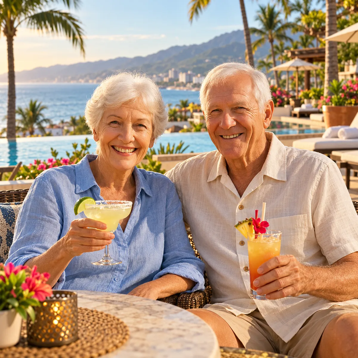Retired couple enjoying drinks at a Puerto Vallata resort.