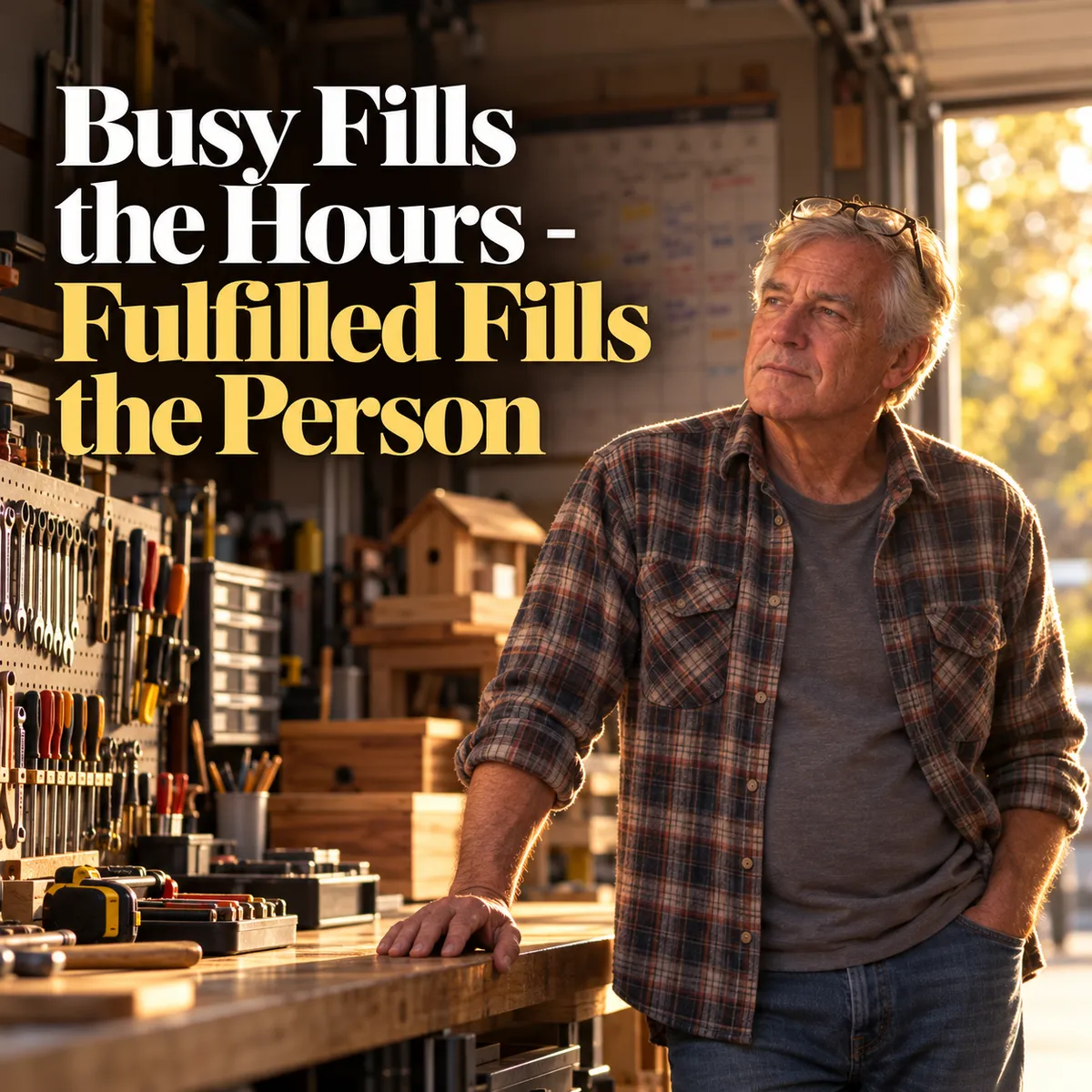 Retired man quietly waiting in his garage.