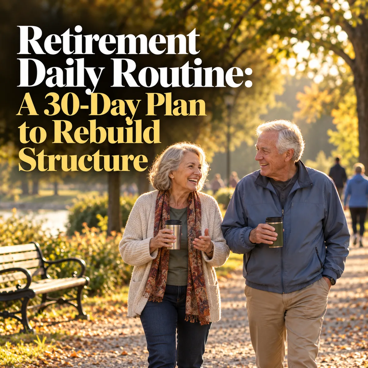 Retired couple walking in a park on their typical morning stroll.