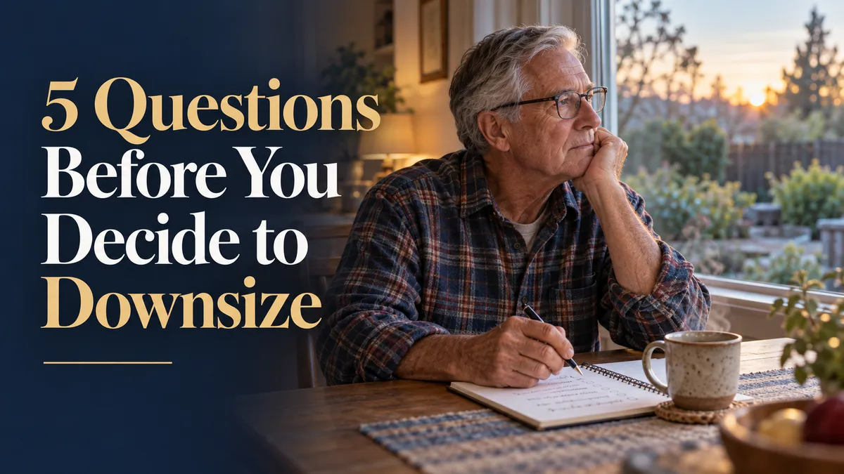 A retired man sitting at his desk by a window in morning reflections while trying to decide - downsize - yes or no.