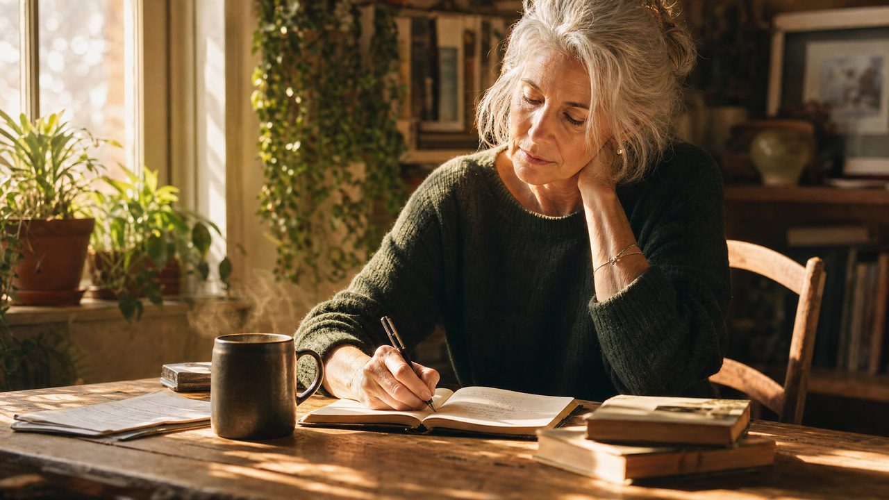 A retired woman writing in a journal at a sunlit desk, reflecting on deferred dreams