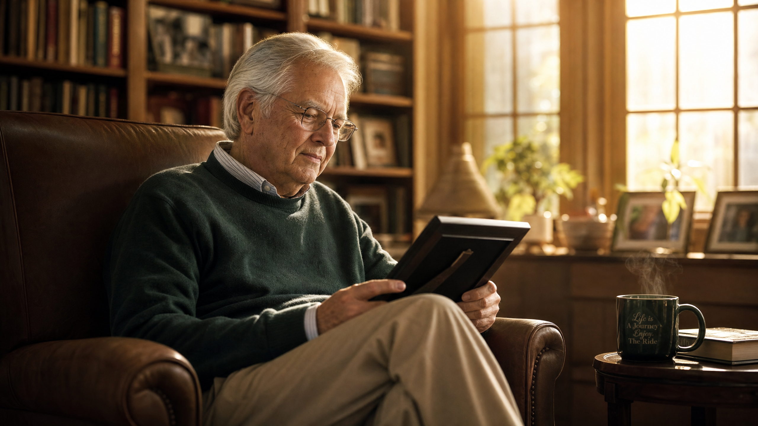 A retired professional sitting quietly and reflectively, representing the emotional journey of identity transition in retirement