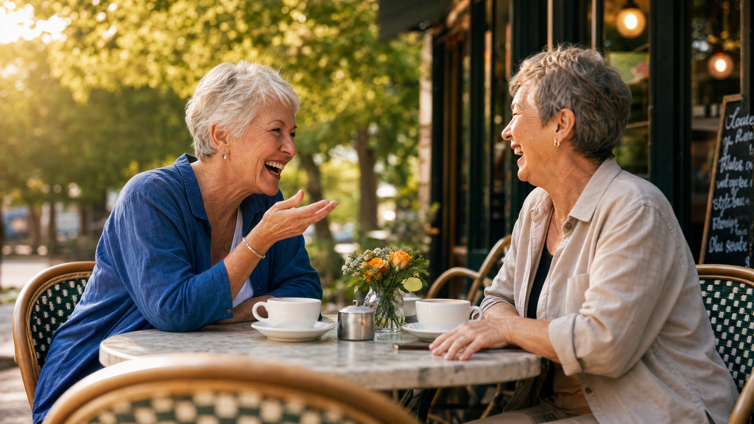 Two retired friends laughing together outdoors, representing meaningful social connection in retirement