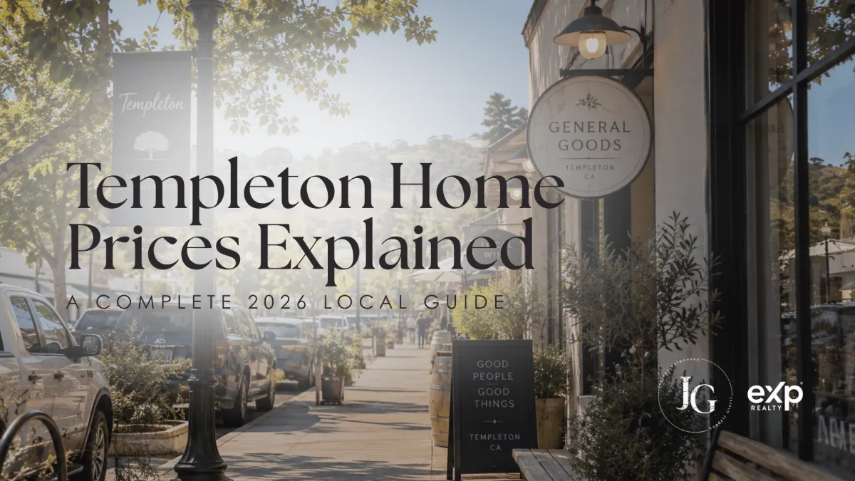 Templeton home prices explained in a 2026 local guide, featuring a sunny downtown Templeton streetscape with local shops and tree-lined sidewalks.