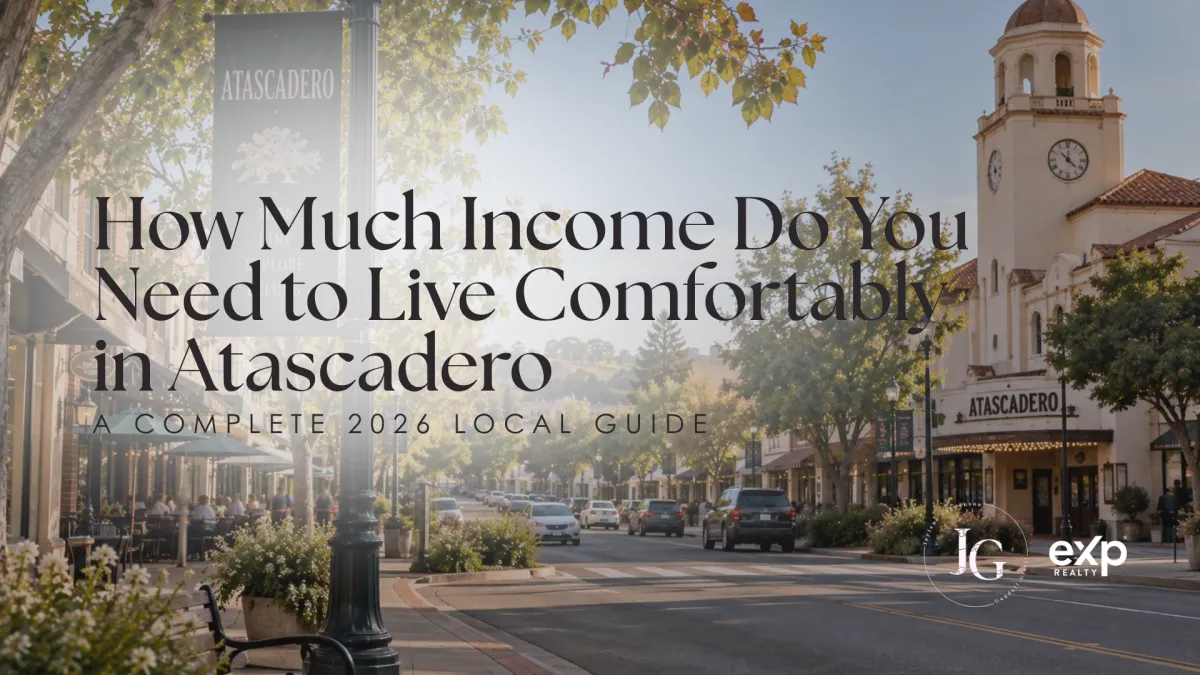 How much income do you need to live comfortably in Atascadero? 2026 local guide featuring downtown Atascadero, tree-lined streets, shops, and historic City Hall.