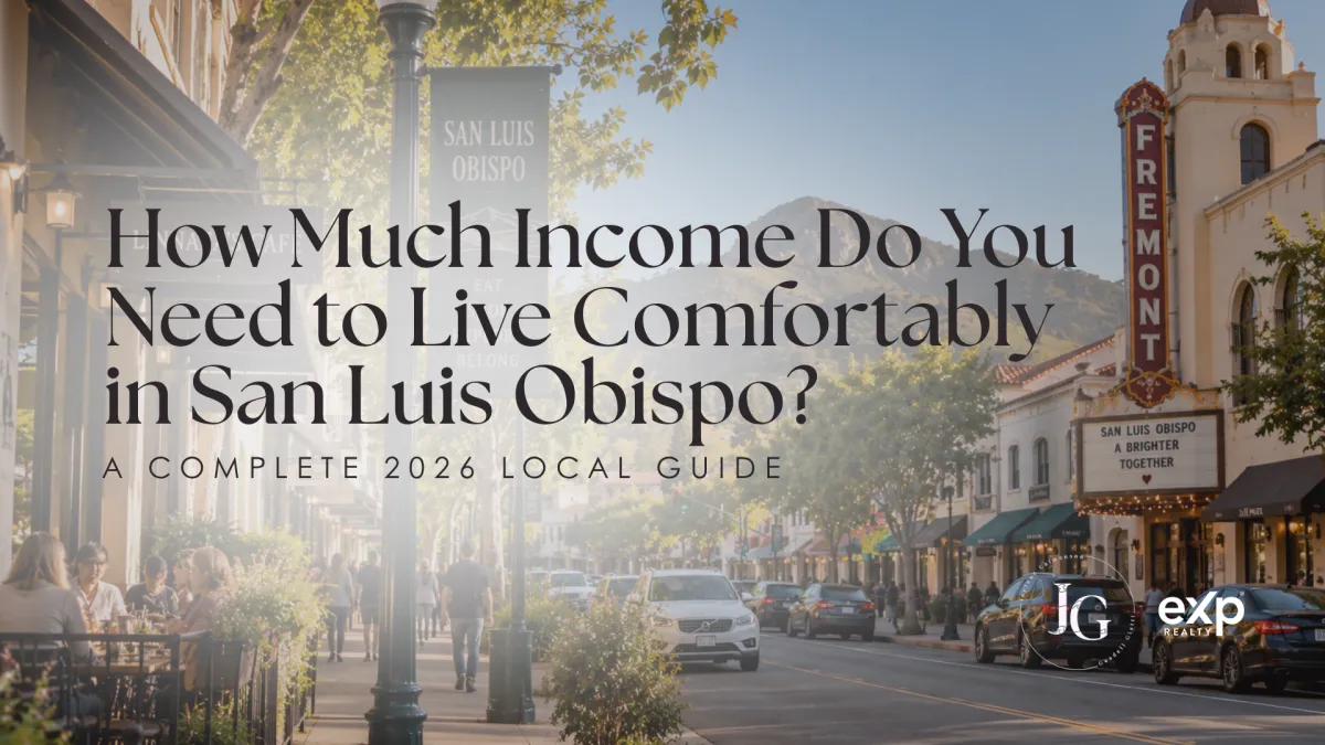How much income do you need to live comfortably in San Luis Obispo? 2026 local guide featuring a sunny downtown street, Fremont Theater, outdoor dining, and surrounding hills.