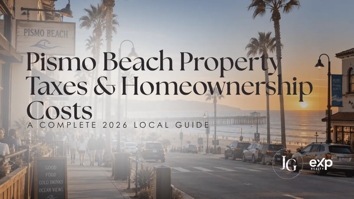 Alt text: Pismo Beach Property Taxes & Homeownership Costs: A Complete 2026 Local Guide, featuring a sunset view of downtown Pismo Beach with palm trees, the pier, ocean, shops, and pedestrians.