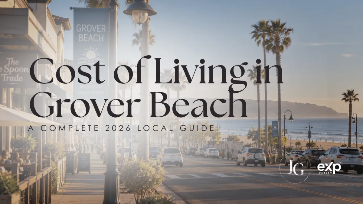 Cost of Living in Grover Beach: A Complete 2026 Local Guide, featuring a sunny coastal street with palm trees, shops, outdoor dining, cars, and ocean views.