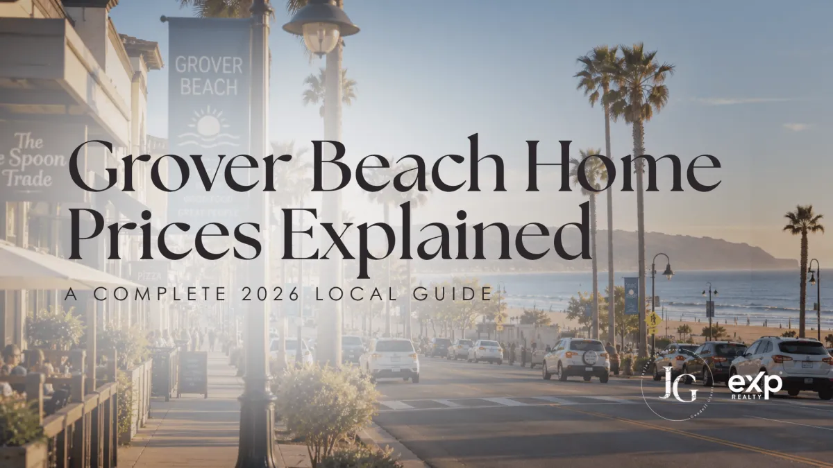 Grover Beach home prices explained in a complete 2026 local guide, featuring a sunny coastal street with palm trees, shops, outdoor dining, and ocean views.