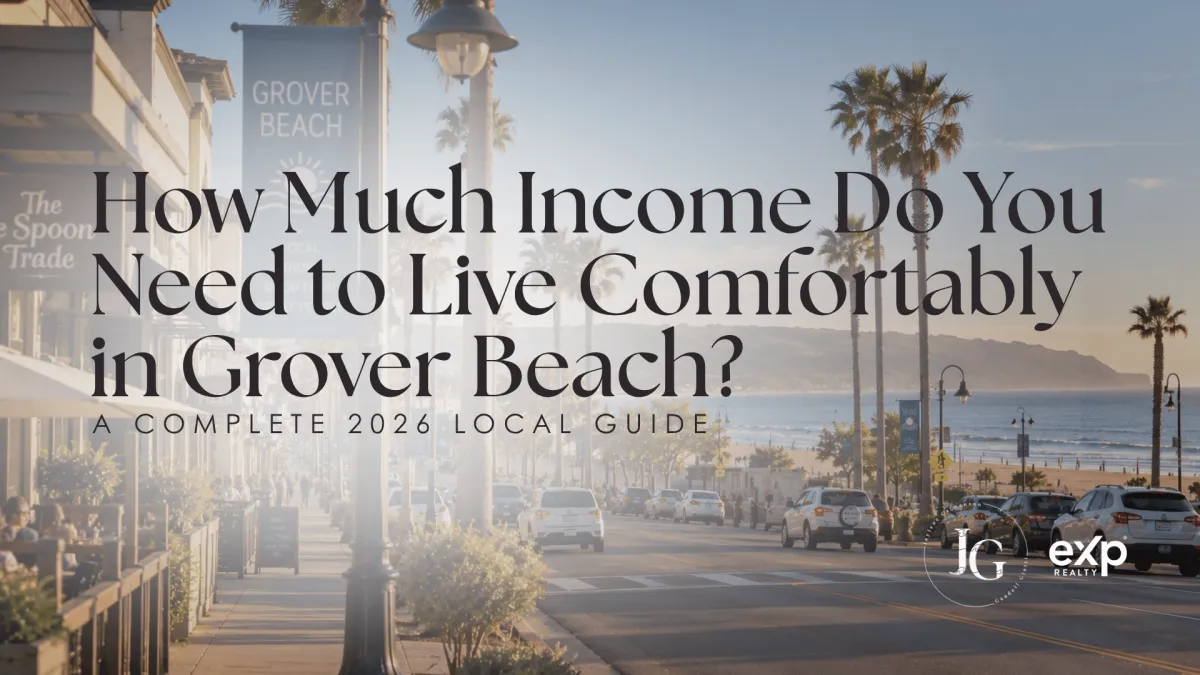 How much income you need to live comfortably in Grover Beach in 2026, shown over a sunny coastal street with palm trees, local shops, and ocean views.