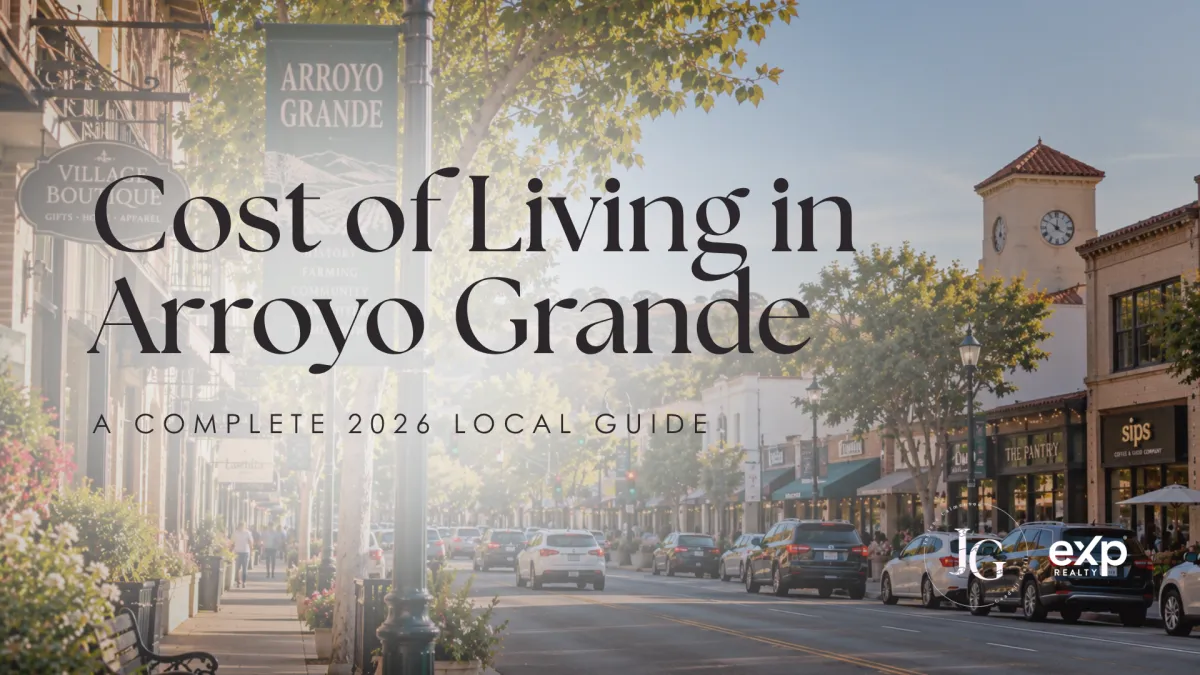 Cost of living in Arroyo Grande in 2026, featuring a sunny downtown street lined with local shops, restaurants, trees, and a landmark clock tower.