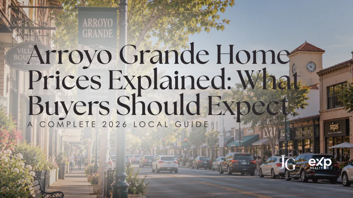 Arroyo Grande home prices explained for 2026, featuring a sunny downtown street with local shops, leafy trees, parked cars, and a landmark clock tower.
