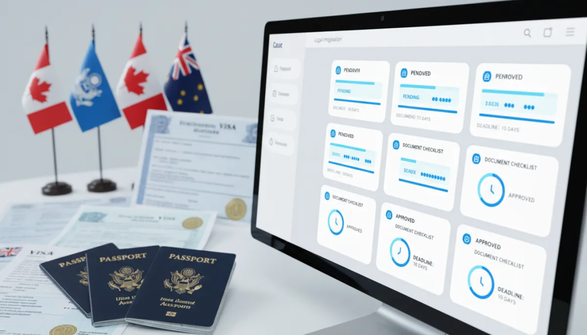 Digital immigration case management interface with AI document tracking and deadline alerts