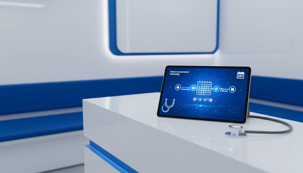 Healthcare clinic reception with AI patient scheduling and automated follow-up CRM on tablet