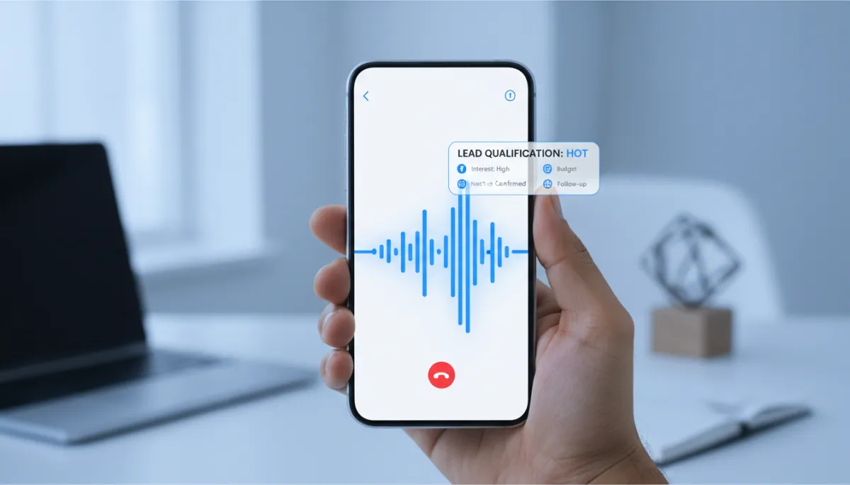 Smartphone showing AI voice agent active call interface with waveform and lead qualification overlay