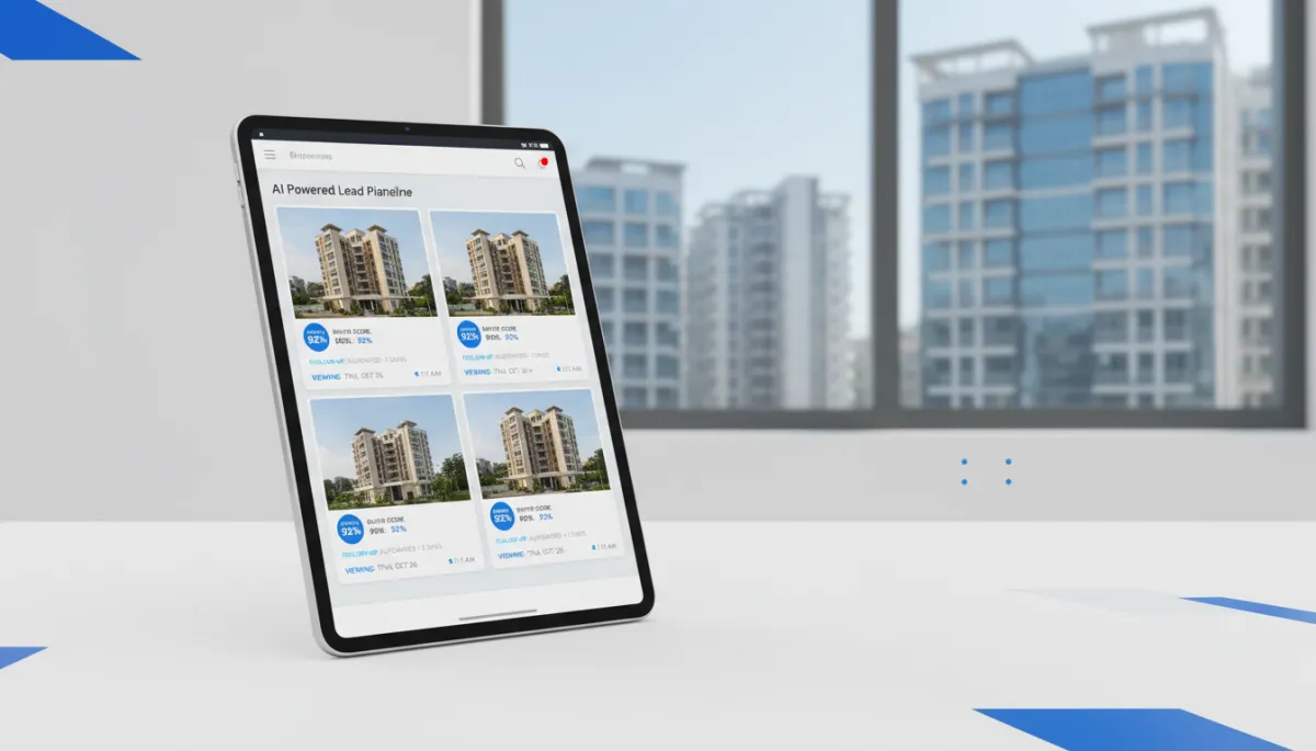 AI-powered real estate CRM pipeline on tablet showing buyer lead scores and viewing appointments