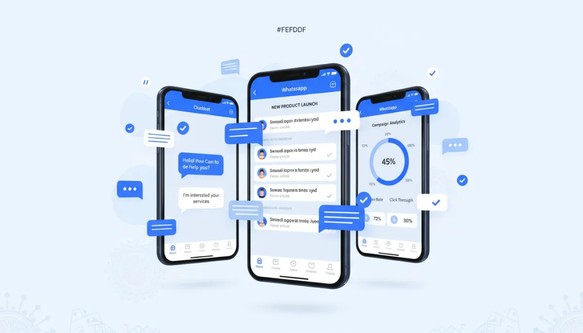 Multiple smartphones showing WhatsApp broadcast messages and chatbot lead conversations for business marketing