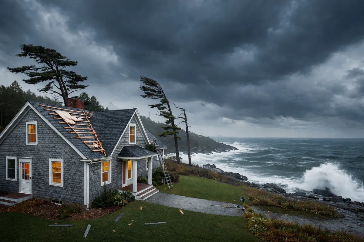 Coastal Maine home battling a severe storm with crashing waves and debris everywhere