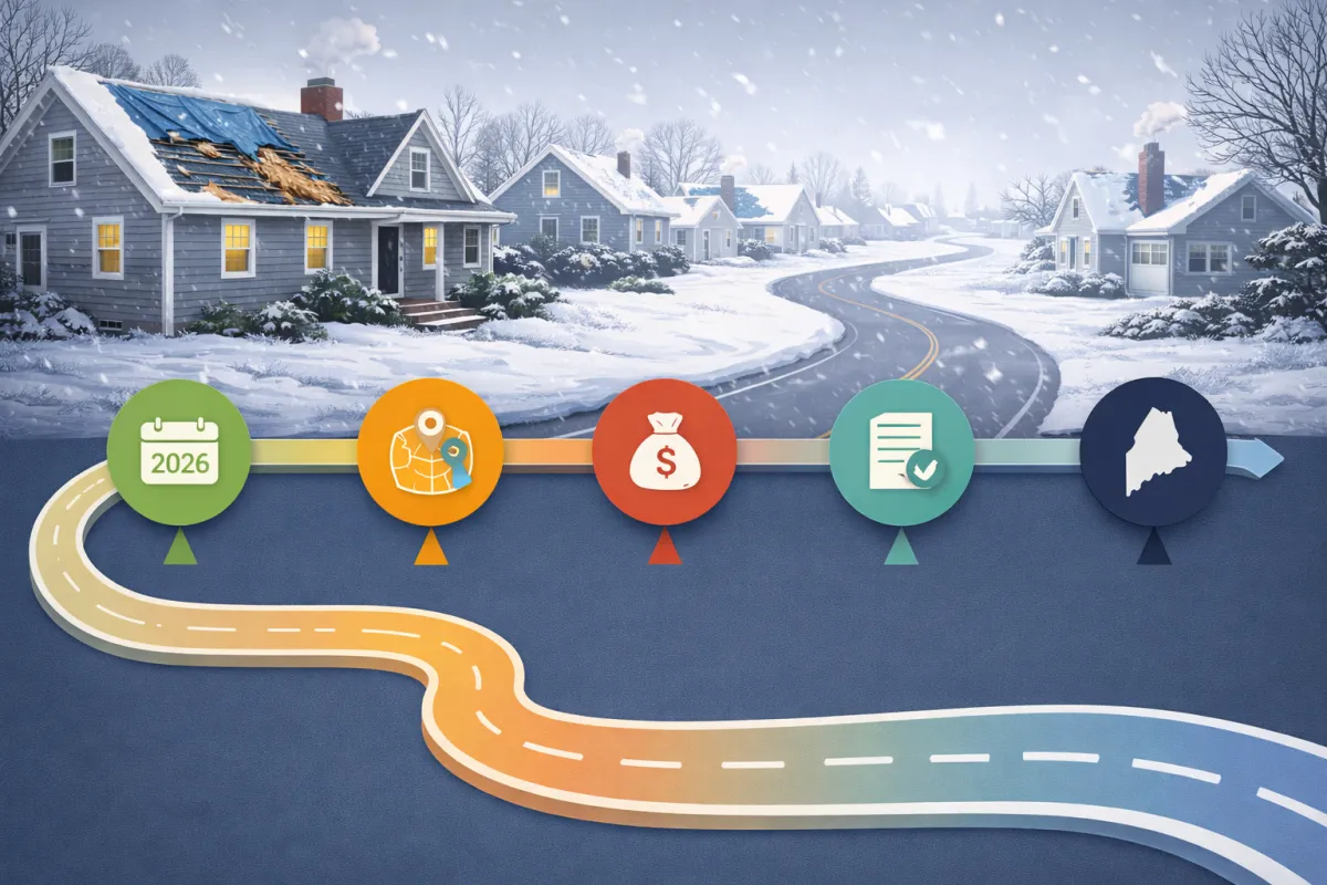 Maine home during winter nor'easter with road map timeline overlay