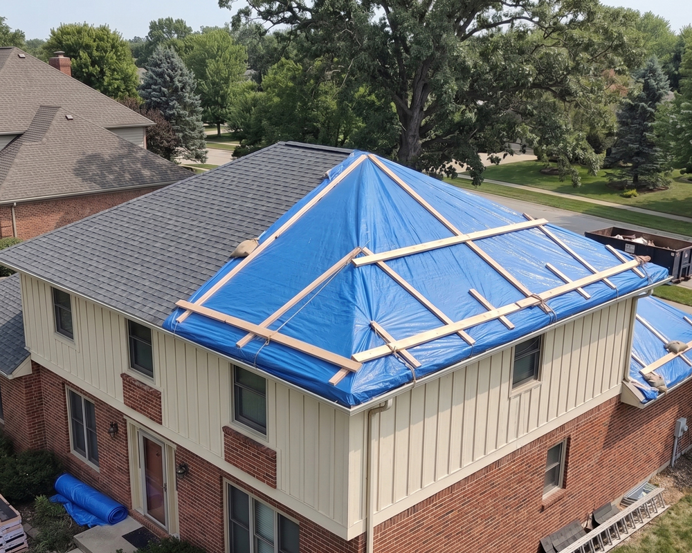 Emergency tarping on damaged roof