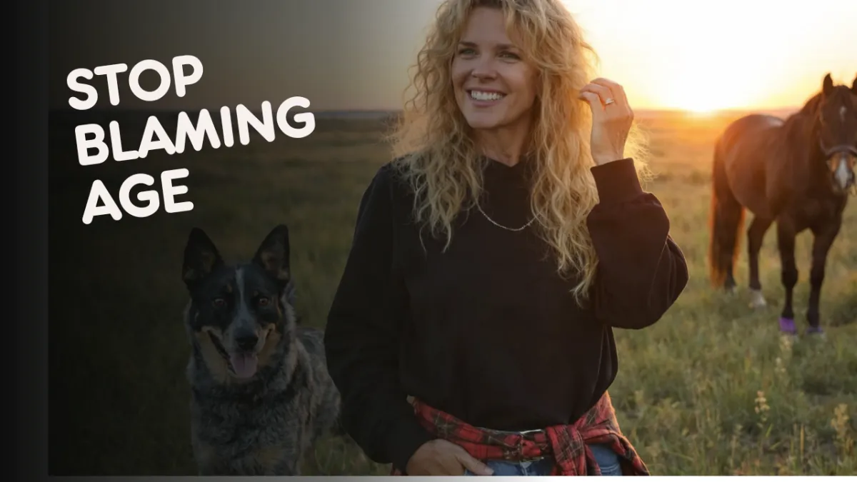 Stop blaming age women with horse and dog in pasture at sunset