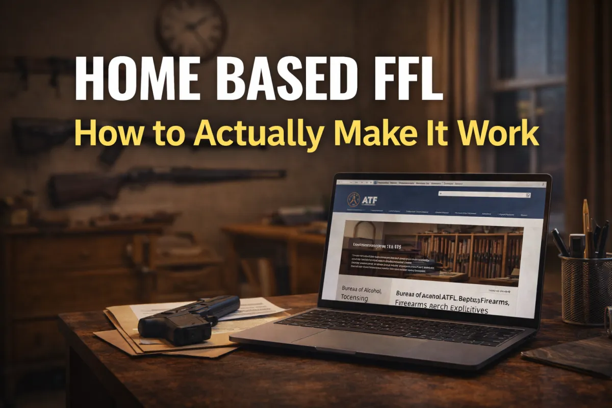 Home based FFL requirements guide showing ATF website on a laptop in a home office with firearms in the background