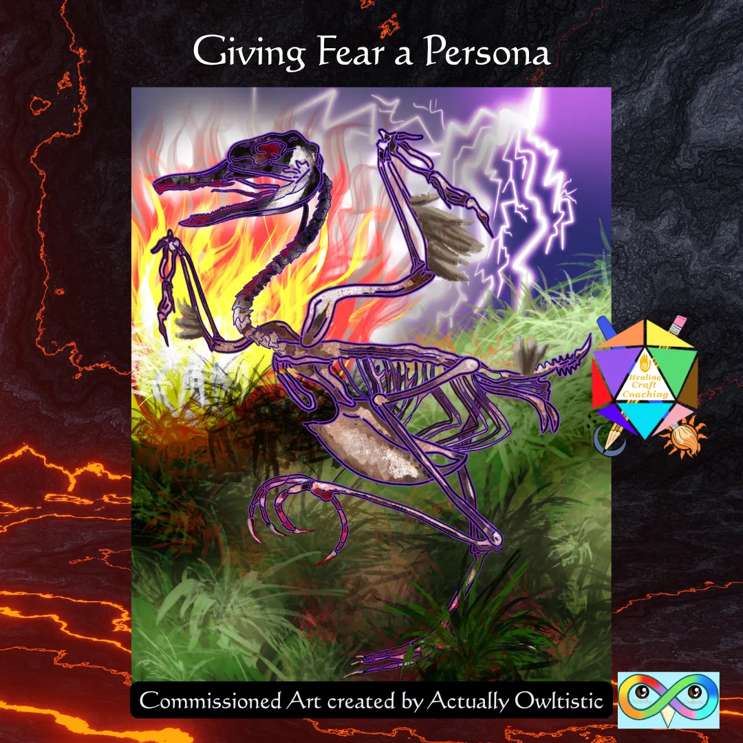 graphic is for the blog post, Giving Fear a Persona to Remove the Masks. It also states that the artwork in the graphic was commissioned by the artist, Actually Owltistic. The art shows a chaotic litch like goose who is looking terrible in weather that shows fire, lightning, and an earthquake. There are logos for both Healing Craft Coaching (the author of the blog) and for Actually Owltistic.